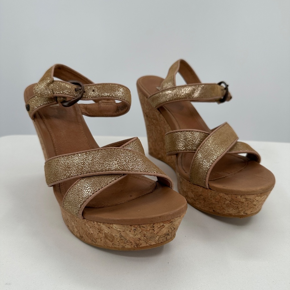 UGG Jazmine Metallic Chestnut Gold Coast Cork-Wedge Sandals size 9.5 1008355
